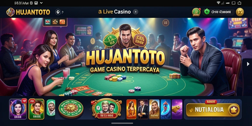 Tampilan gameplay HUJANTOTO menunjukkan dealer langsung dan suasana kasino nyata.