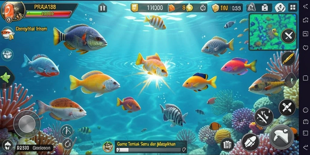 Screenshot gameplay PRADA188 dengan ikan-ikan yang berwarna-warni.